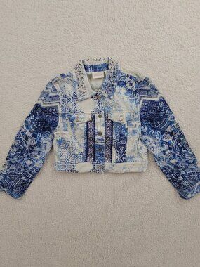 NWT Chico's Mixed Artisan Pattern Denim Jacket Mysterious Blue Beaded Size 0